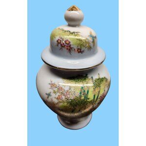 Japanese Porcelain Jar & Lid Hand Painted Bamboo Cherry Blossoms & Blue Birds